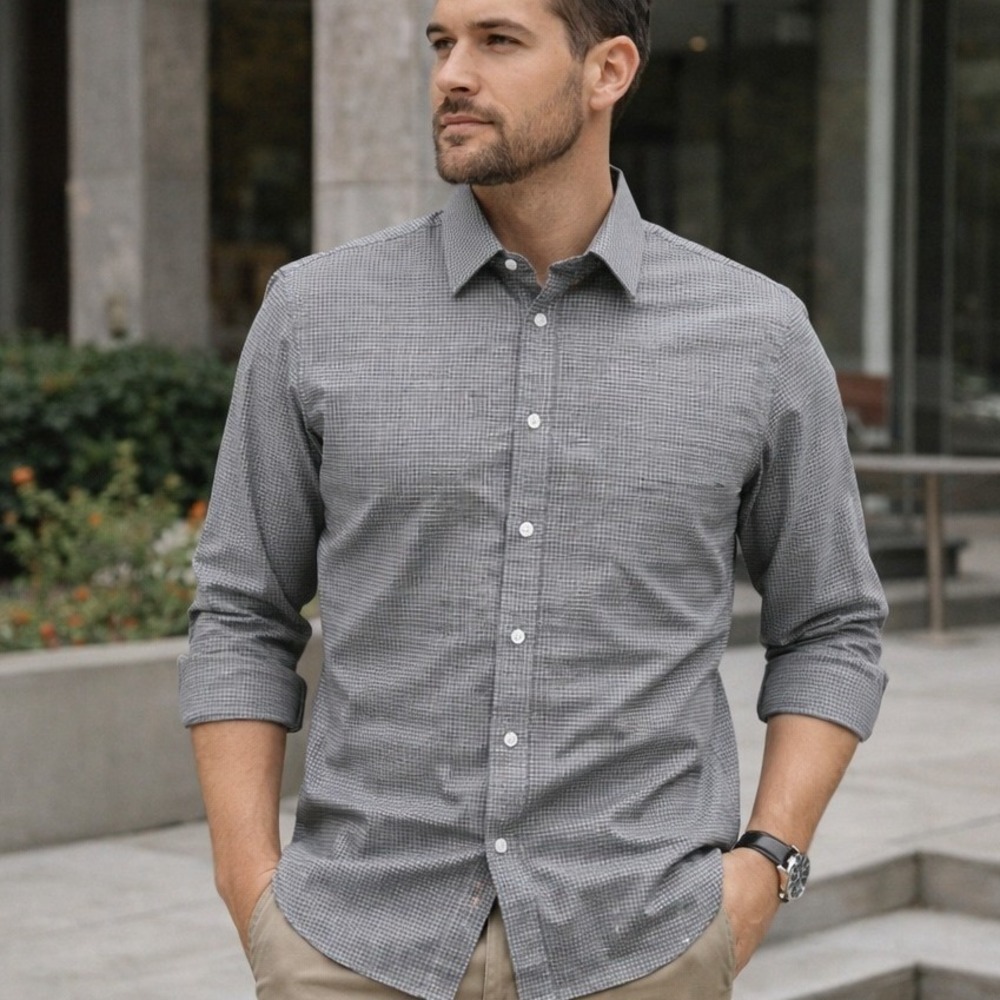 Old Navy Slim Fit Button Down Shirt Men's Large Gray Micro Check Business Casual